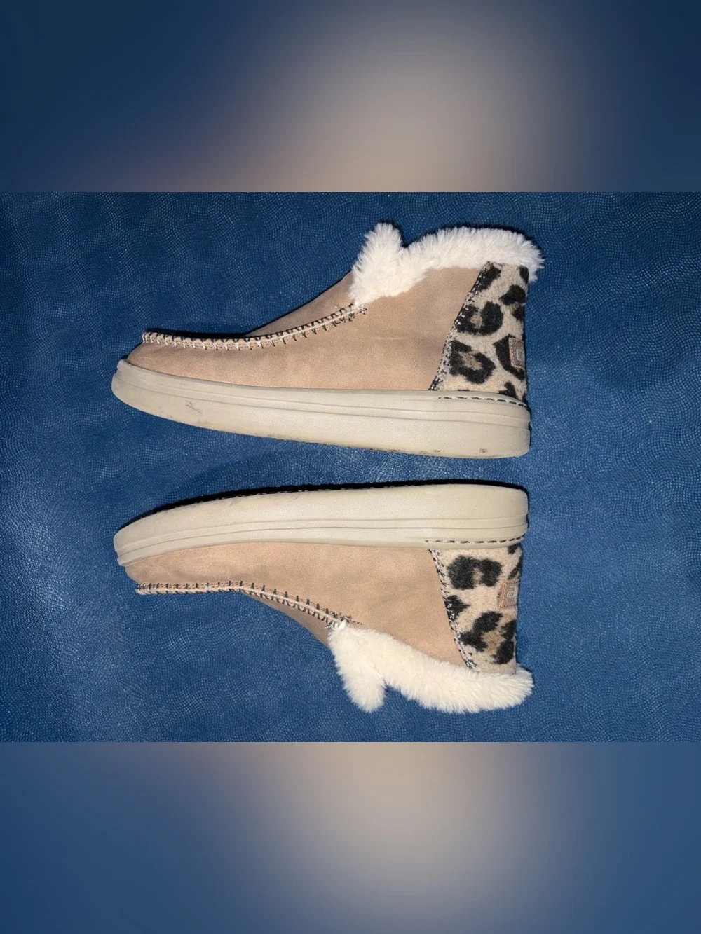 UGG Taupe Suede Slip-On Sneakers with Leopard Heel and Faux Fur women size 7